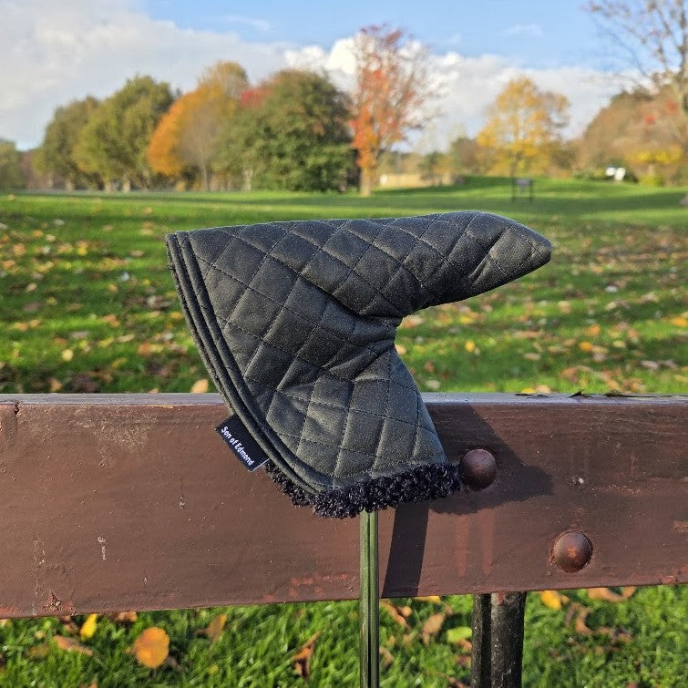 Black Quilted waxed putter cover with black sherpa fabric