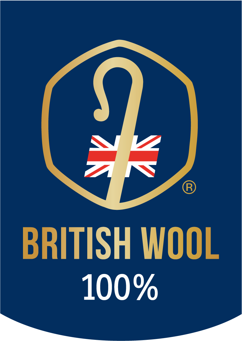 Logo for British Wool 100% with a gold shepherd's hook and Union Jack on a blue background.