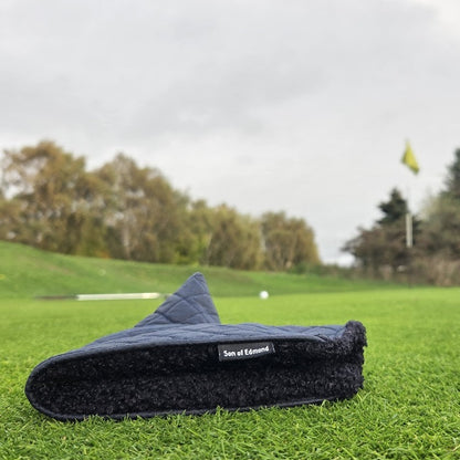 Navy Quilted waxed putter cover with black sherpa fabric lining